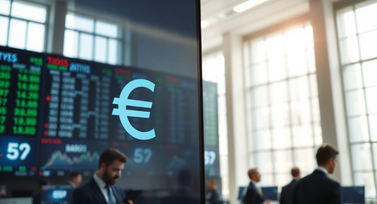 Euro and US dollar symbols on a digital currency exchange board in a financial district