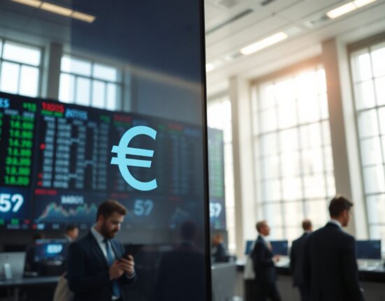 Euro and US dollar symbols on a digital currency exchange board in a financial district