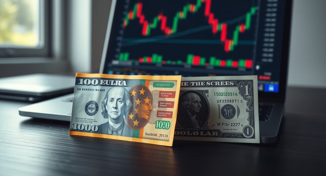 Euro and US dollar banknotes on a desk with a forex trading chart in the background
