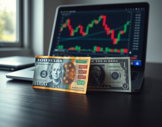 Euro and US dollar banknotes on a desk with a forex trading chart in the background