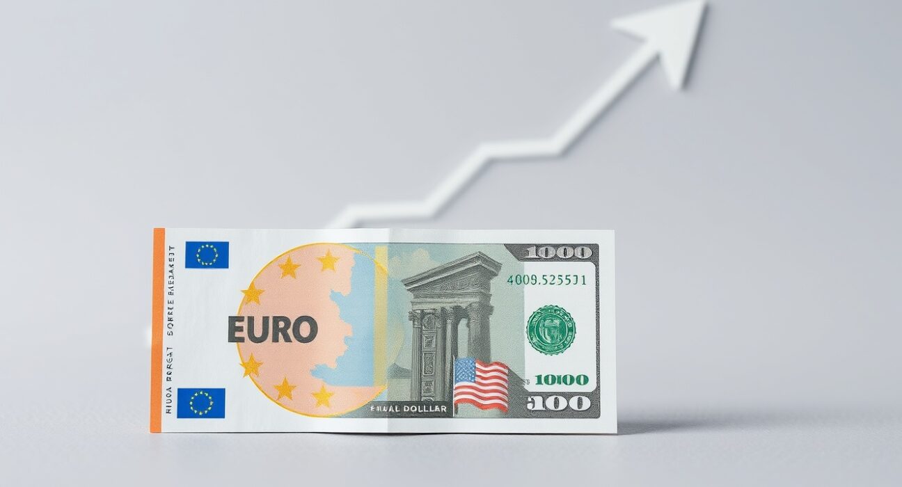 Euro banknotes and US dollars on a neutral background, symbolizing EUR/USD exchange rate analysis