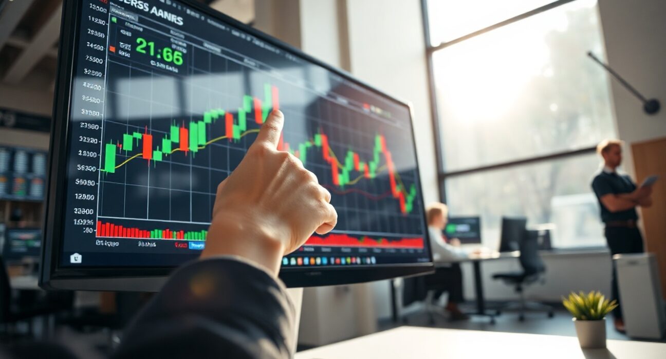 Financial analyst pointing at a EUR/USD forex chart on a digital screen in a modern trading office.