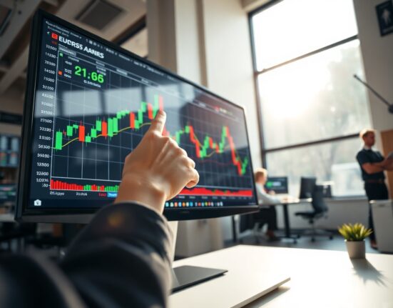 Financial analyst pointing at a EUR/USD forex chart on a digital screen in a modern trading office.
