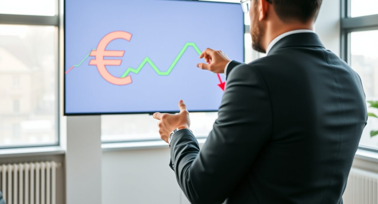 Financial analyst reviewing a digital chart showing Euro rising against US Dollar
