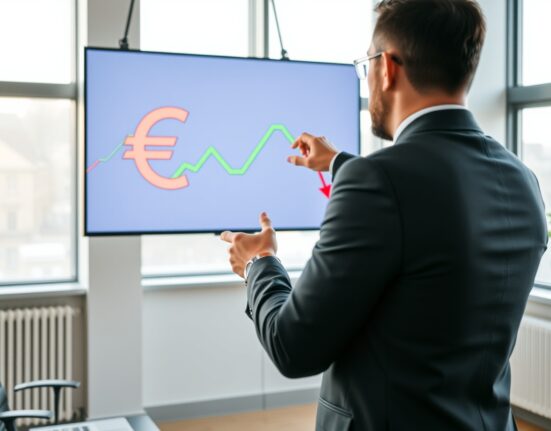 Financial analyst reviewing a digital chart showing Euro rising against US Dollar