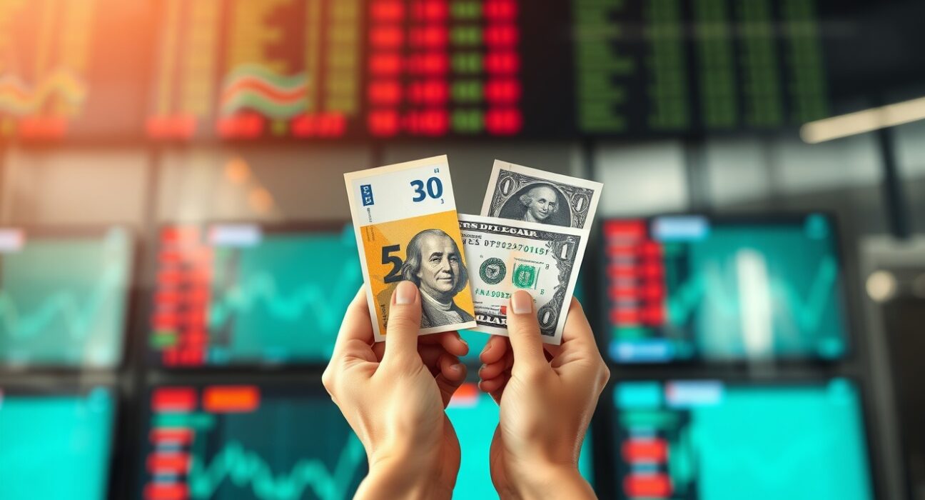 Euro and US dollar banknotes held in hands with financial charts in background