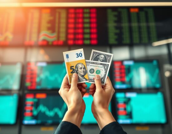 Euro and US dollar banknotes held in hands with financial charts in background