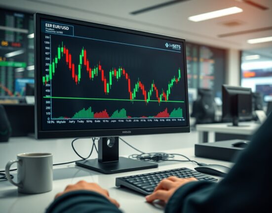 EUR/USD chart on a trading screen with a professional analyst workspace.