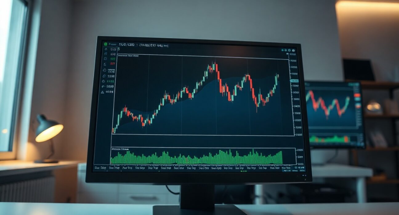EUR/USD chart on a trading screen with an upward trend, reflecting market analysis