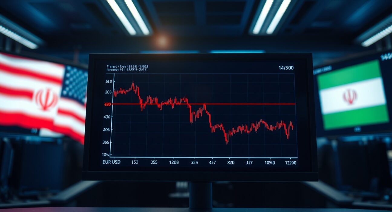 EUR/USD forex chart on trading screen with US and Iranian flags in blurred background