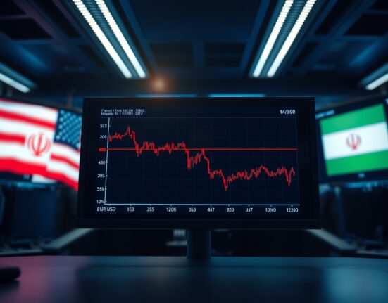 EUR/USD forex chart on trading screen with US and Iranian flags in blurred background