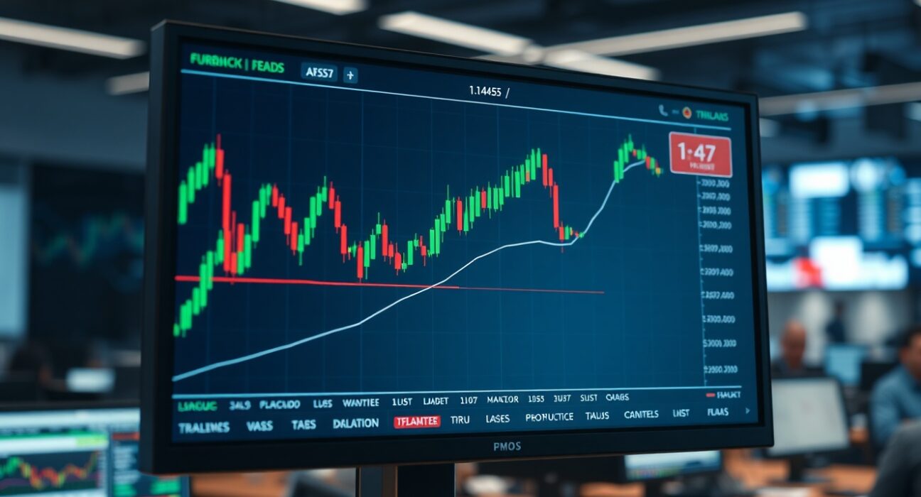 EUR/USD forex chart showing upward trend to 1.1455 on trading floor monitors