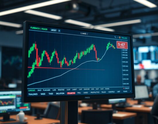 EUR/USD forex chart showing upward trend to 1.1455 on trading floor monitors