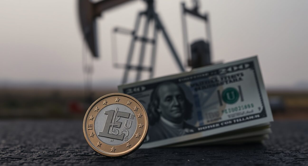 Euro coin and US dollar bill on dark surface with oil pump jack silhouette in background