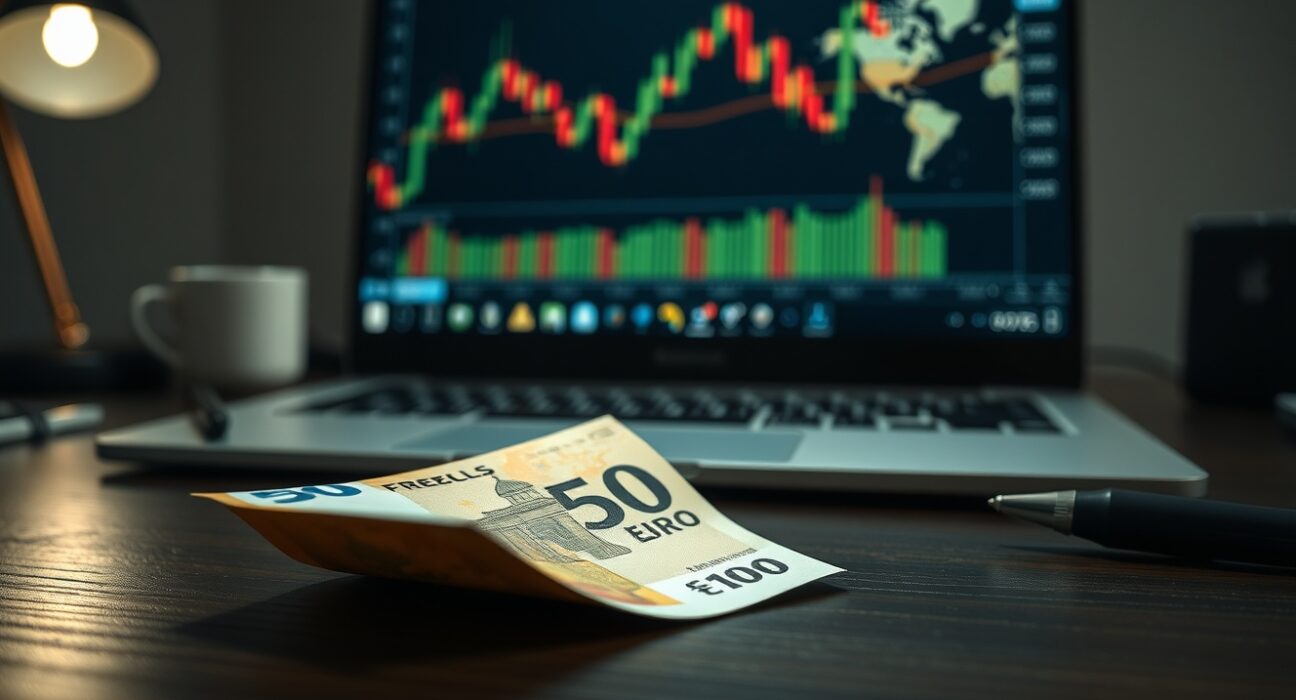 Euro banknote on desk with forex chart on laptop in background