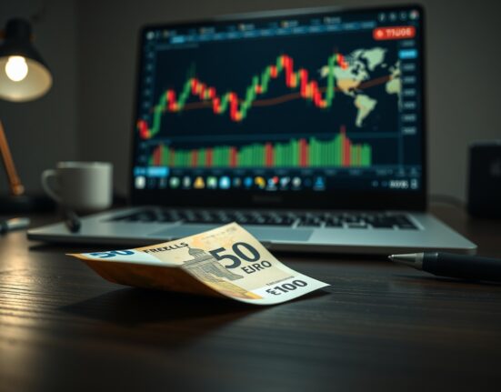 Euro banknote on desk with forex chart on laptop in background