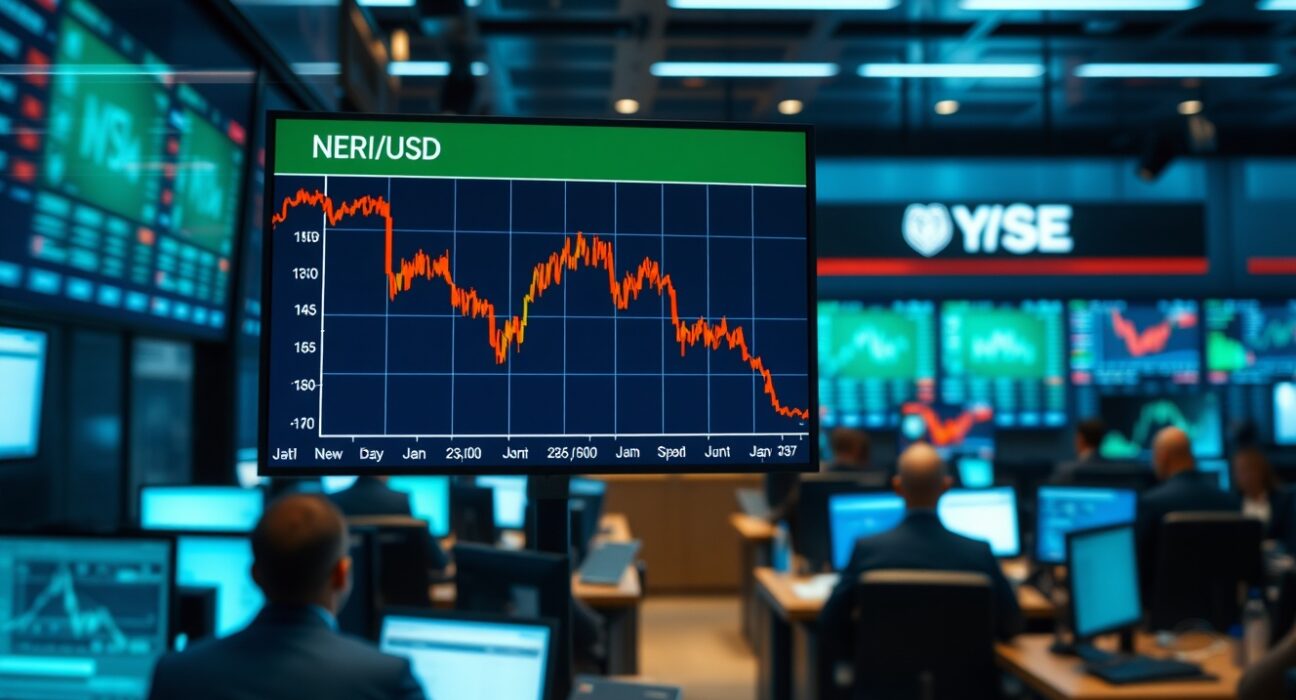 Trading floor with EUR/USD chart showing a decline, reflecting market reaction to US jobs data and geopolitical news.