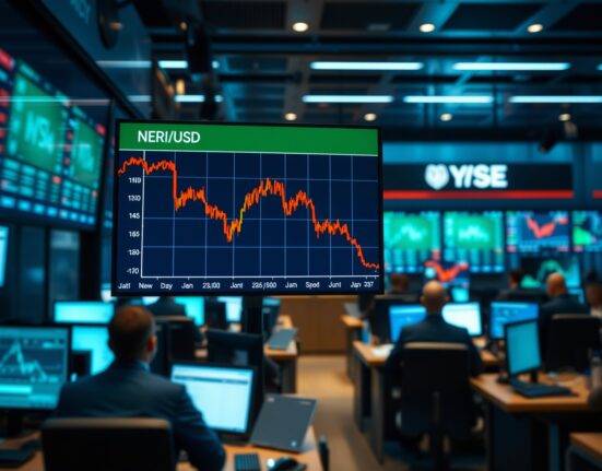 Trading floor with EUR/USD chart showing a decline, reflecting market reaction to US jobs data and geopolitical news.