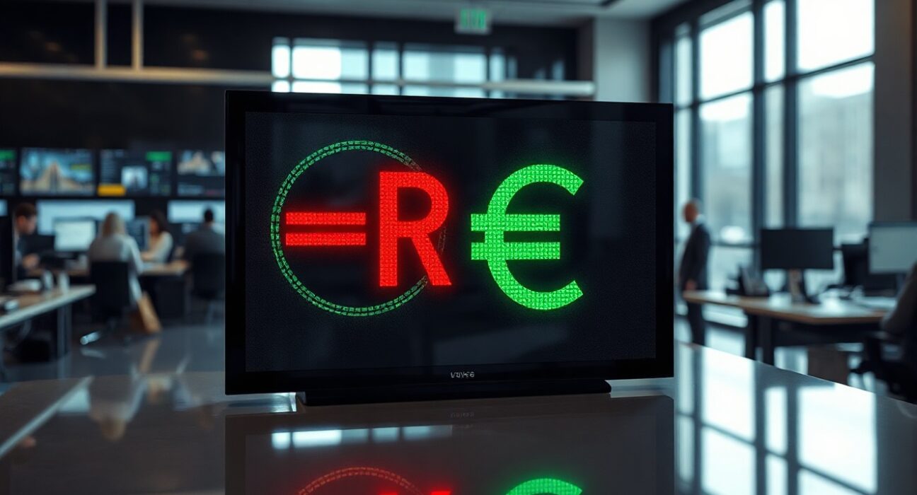 Euro and British Pound currency symbols on a digital trading board in a financial office