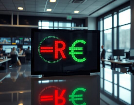 Euro and British Pound currency symbols on a digital trading board in a financial office