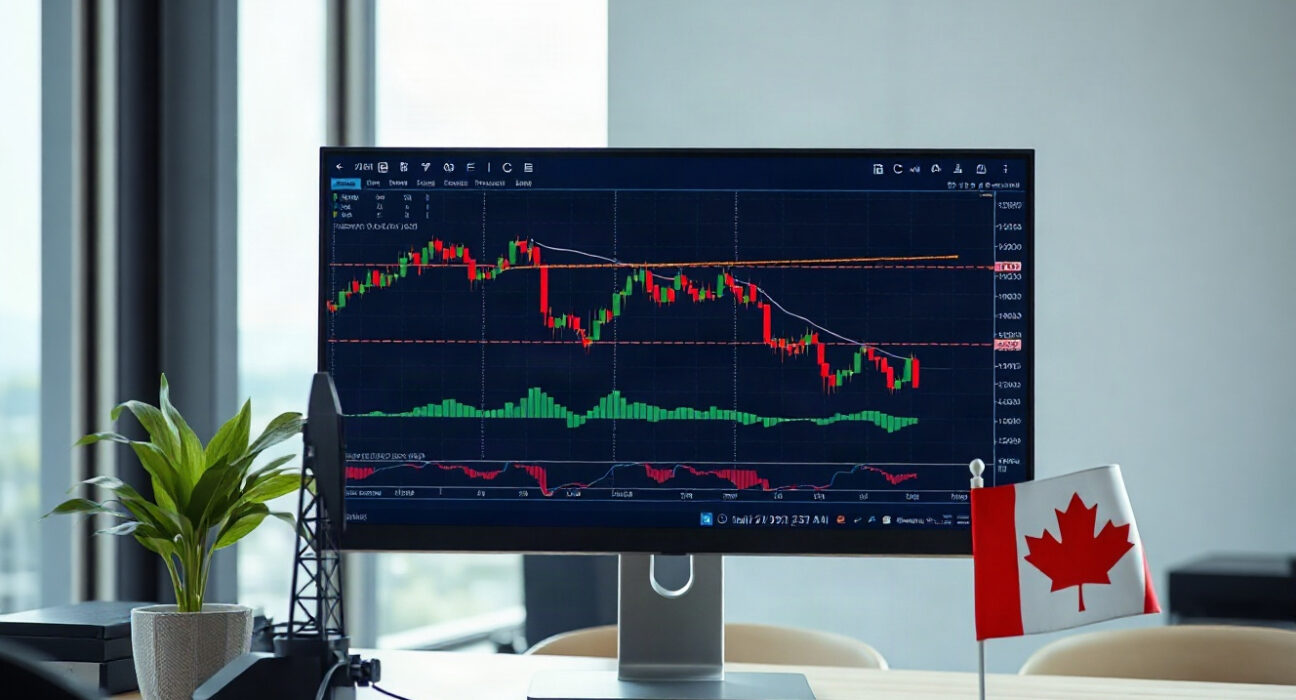 Euro and Canadian dollar exchange rate chart on a monitor with oil derrick model in a trading office