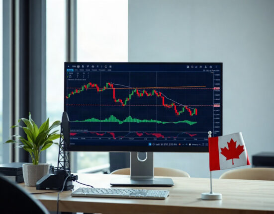 Euro and Canadian dollar exchange rate chart on a monitor with oil derrick model in a trading office