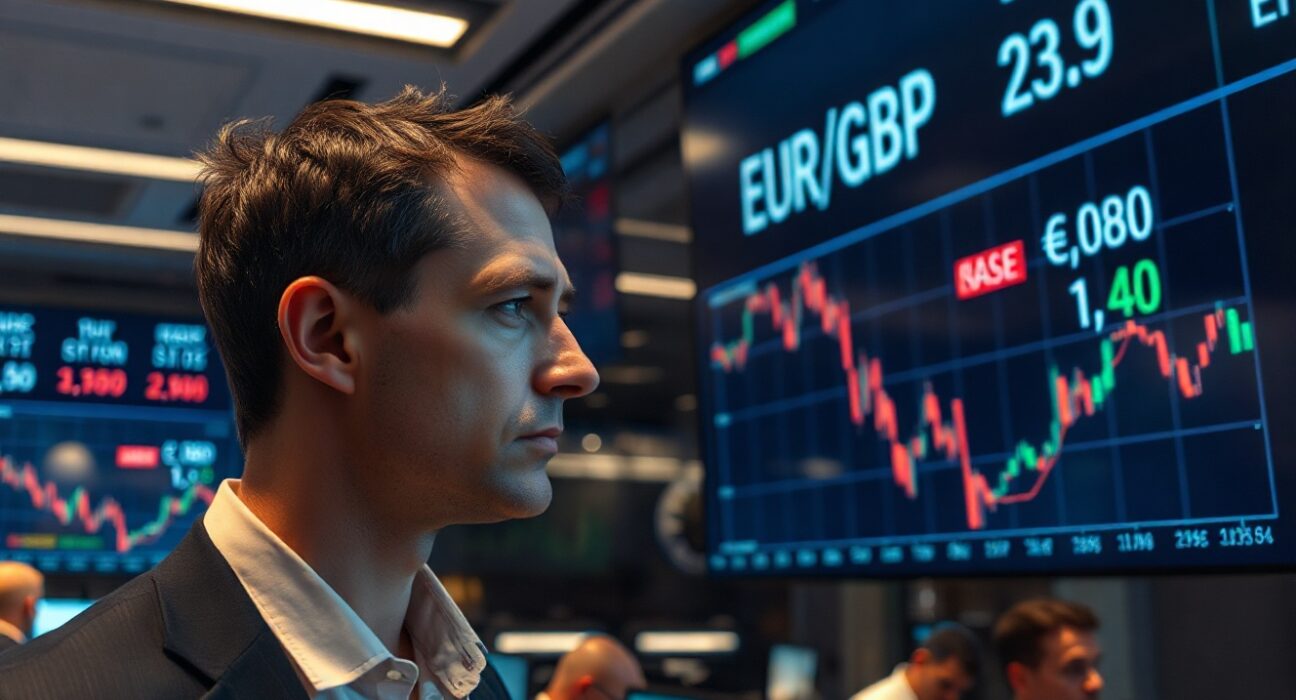 Trader observing a downward EUR/GBP chart on a trading floor