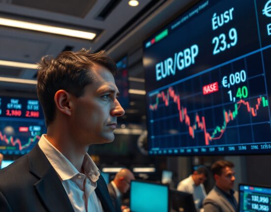 Trader observing a downward EUR/GBP chart on a trading floor