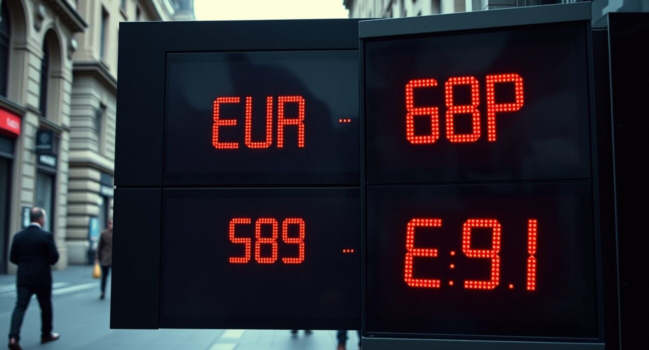 Currency exchange board showing EUR/GBP rate decline in a European financial district