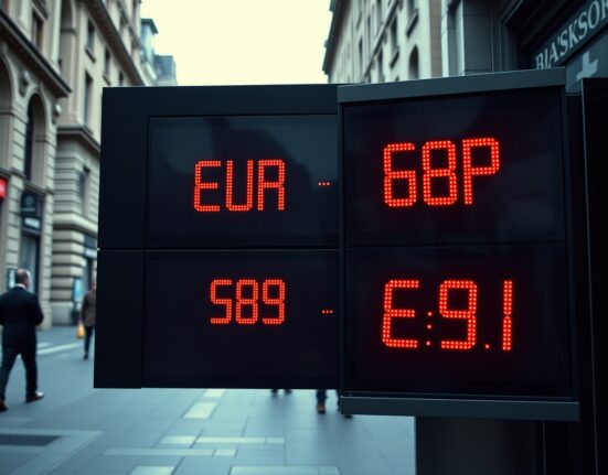 Currency exchange board showing EUR/GBP rate decline in a European financial district