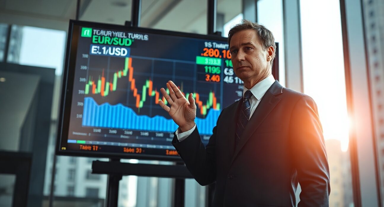 Financial analyst points to EUR/USD chart and US Treasury yield curve on digital screen in modern office