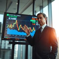 Financial analyst points to EUR/USD chart and US Treasury yield curve on digital screen in modern office
