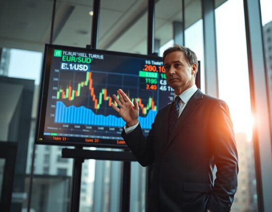 Financial analyst points to EUR/USD chart and US Treasury yield curve on digital screen in modern office