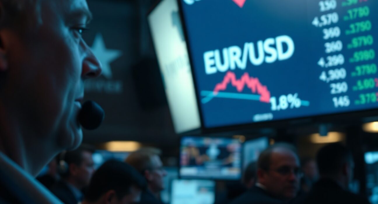 EUR/USD exchange rate falling on a trading screen with a trader in the background.