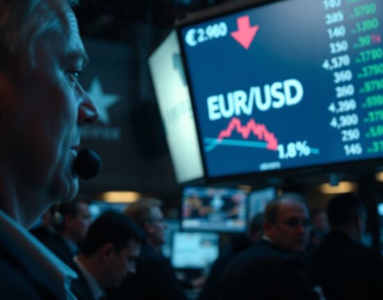 EUR/USD exchange rate falling on a trading screen with a trader in the background.