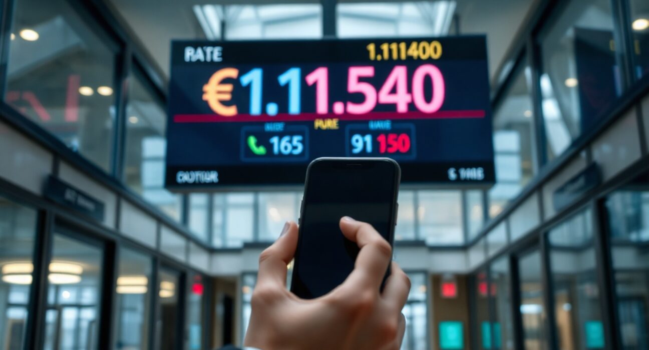 EUR/USD exchange rate board showing 1.1540 in a European financial district lobby