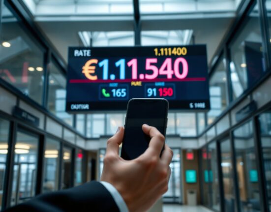 EUR/USD exchange rate board showing 1.1540 in a European financial district lobby