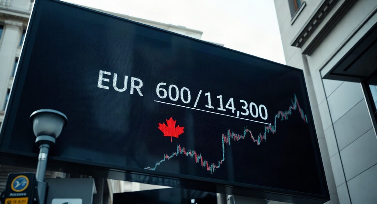 EUR/CAD exchange rate chart displayed on a financial screen in a modern trading floor setting