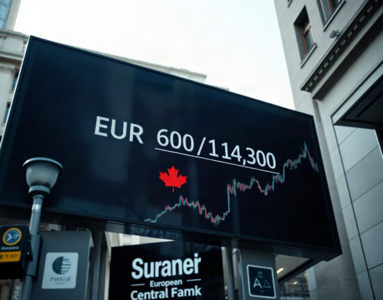 EUR/CAD exchange rate chart displayed on a financial screen in a modern trading floor setting