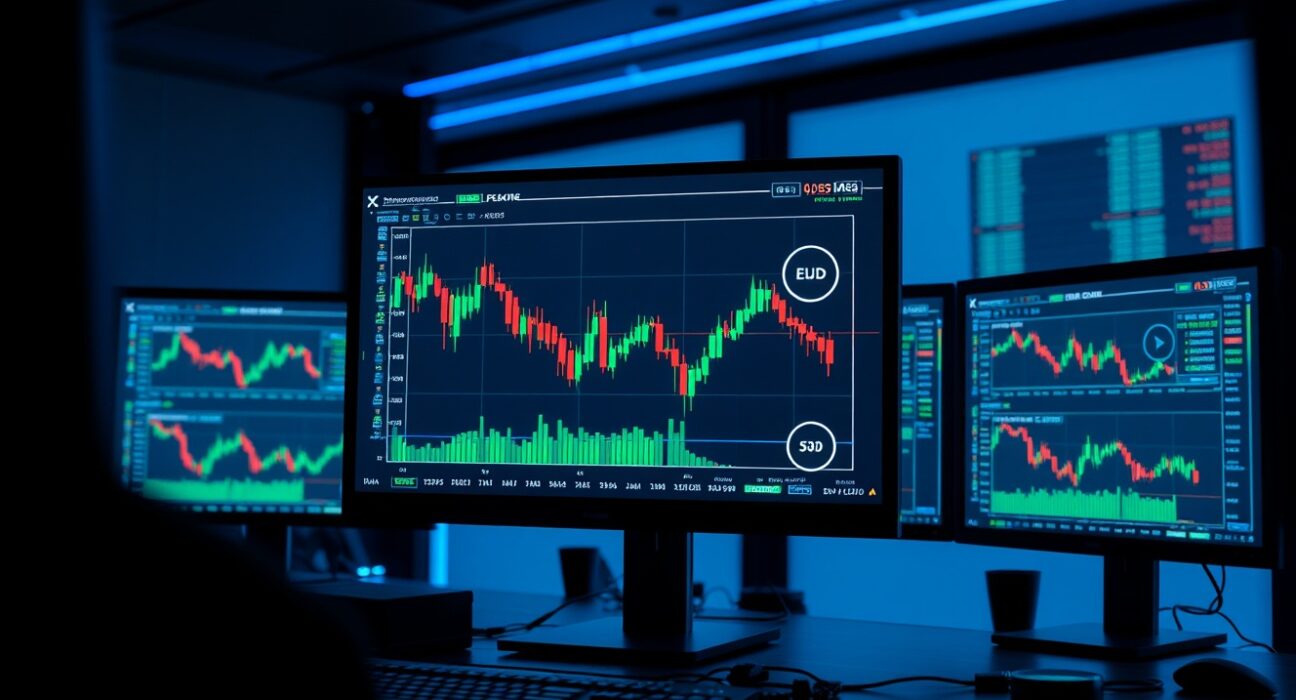 EUR/USD chart showing downward trend on a trading desk monitor with ECB symbolism