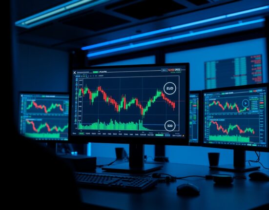 EUR/USD chart showing downward trend on a trading desk monitor with ECB symbolism