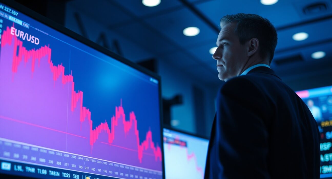 EUR/USD chart showing a downward trend on a trading floor screen with a trader observing in the background