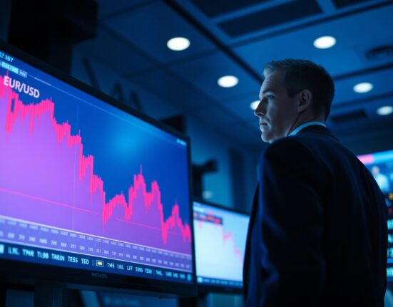 EUR/USD chart showing a downward trend on a trading floor screen with a trader observing in the background
