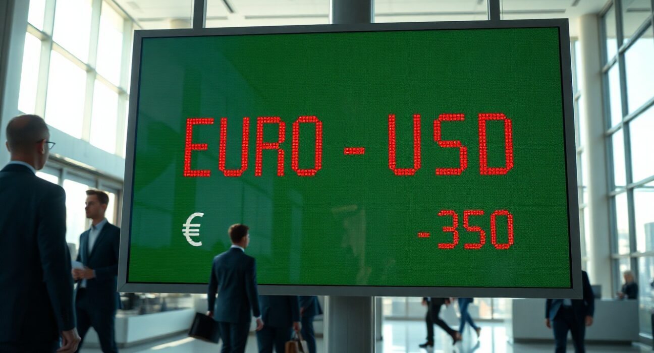 EUR/USD exchange rate board in a financial district showing euro weakening toward 1.1350