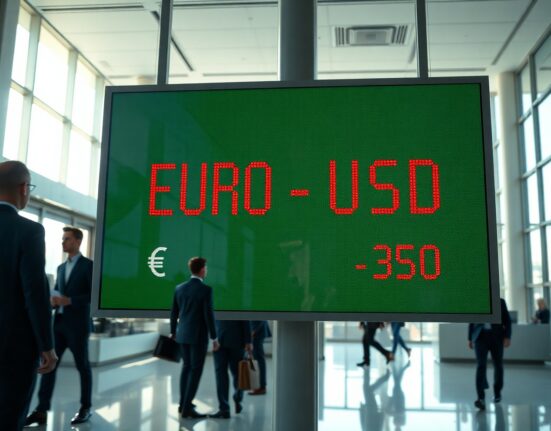 EUR/USD exchange rate board in a financial district showing euro weakening toward 1.1350
