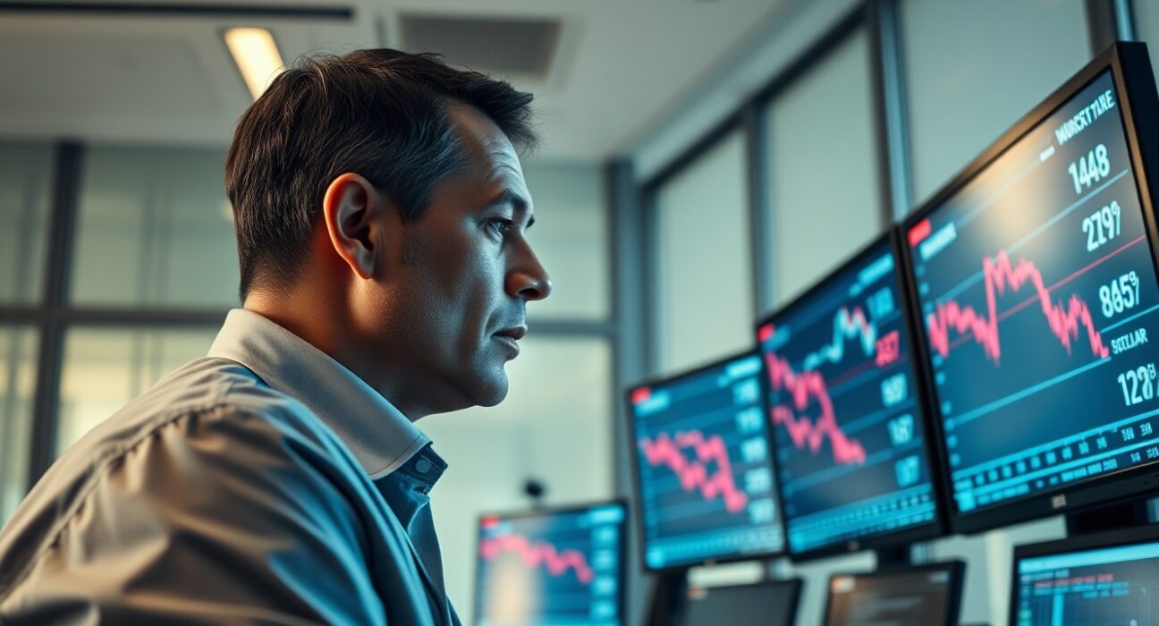 Trader monitoring Euro to US Dollar exchange rate decline on multiple screens after inflation data release.