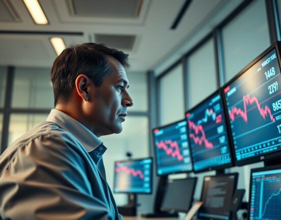 Trader monitoring Euro to US Dollar exchange rate decline on multiple screens after inflation data release.