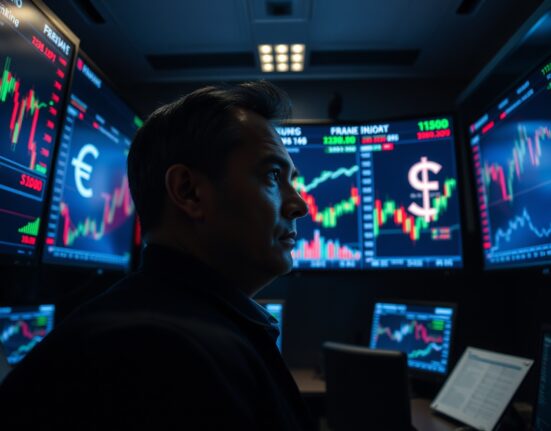 Financial trader monitoring forex charts with Euro and US dollar symbols on screens amid market uncertainty.