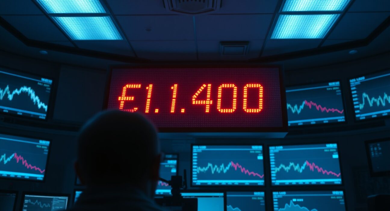 EUR/USD exchange rate board showing 1.1400 on a dimly lit forex trading floor