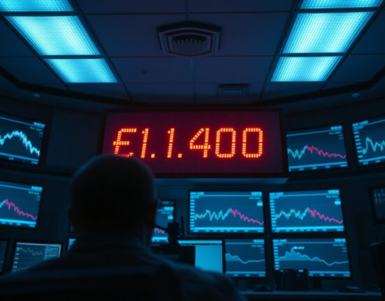 EUR/USD exchange rate board showing 1.1400 on a dimly lit forex trading floor